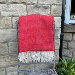 Red Herringbone Shetland Wool Blanket - Cream Fringe, Made in England - thumbnail 2