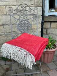 Red Herringbone Shetland Wool Blanket - Cream Fringe, Made in England - thumbnail 1