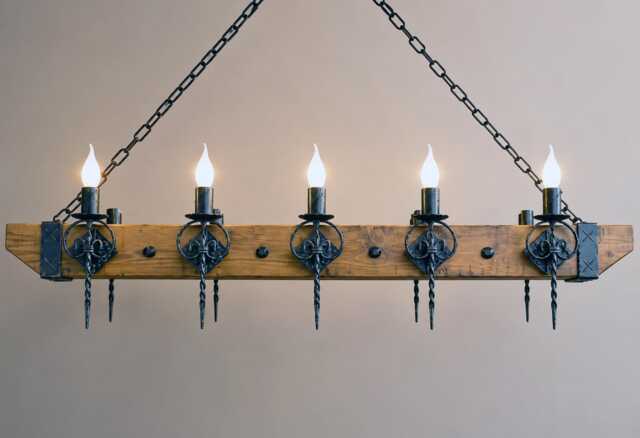 Wood Beam Chandelier Lights - Wrought Iron Lighting Fixture - image 1