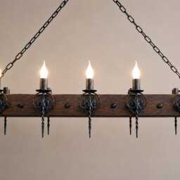 Wood Beam Chandelier Lights - Wrought Iron Lighting Fixture - thumbnail 2
