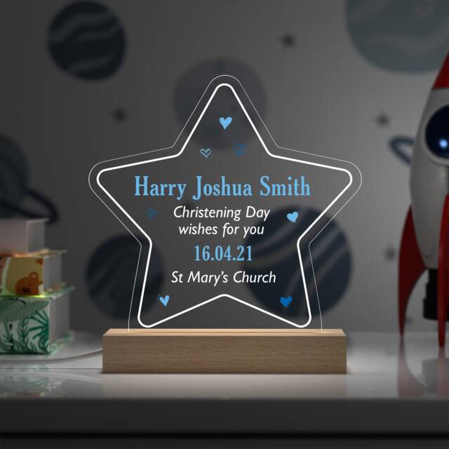 Blue Boys Nursery Led Night Light, Christening Light Gift For Boys, For Godson, Baptism - image 1