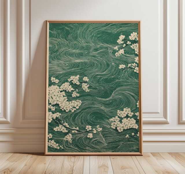 Green Japanese Cherry Blossom Print, Abstract Wind Swirl Sakura Wall Art, Ukiyo-E Botanical Decor - image 1