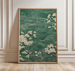 Green Japanese Cherry Blossom Print, Abstract Wind Swirl Sakura Wall Art, Ukiyo-E Botanical Decor - thumbnail 1