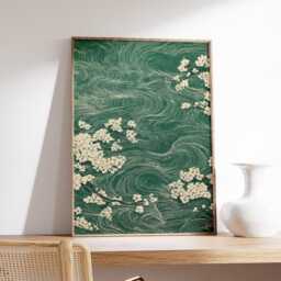 Green Japanese Cherry Blossom Print, Abstract Wind Swirl Sakura Wall Art, Ukiyo-E Botanical Decor - thumbnail 2