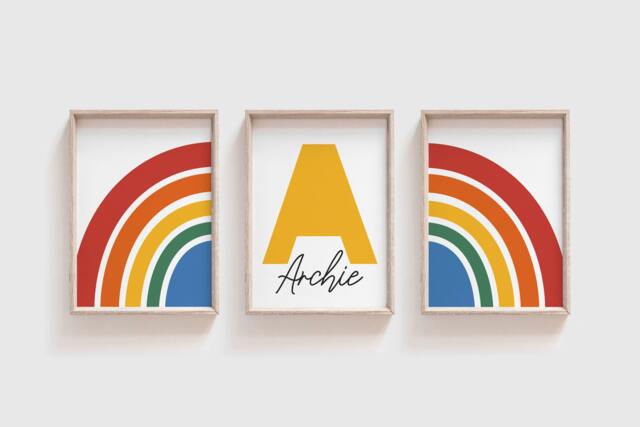 Set Of 3 Rainbow Nursery Prints, Initial Print, Name Boys Bedroom, Girls Kids Wall Art, Playroom Decor, Colourful Room - image 1
