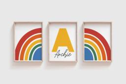 Set Of 3 Rainbow Nursery Prints, Initial Print, Name Boys Bedroom, Girls Kids Wall Art, Playroom Decor, Colourful Room - thumbnail 1
