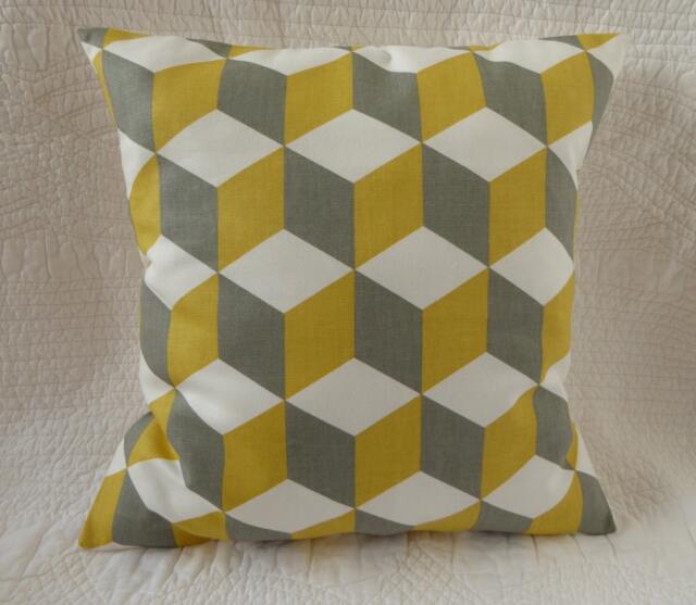 Handmade Cube Print Pillow Cover, Saffron Yellow & Gray, 16 Inch - image 1