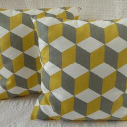 Handmade Cube Print Pillow Cover, Saffron Yellow & Gray, 16 Inch - thumbnail 2