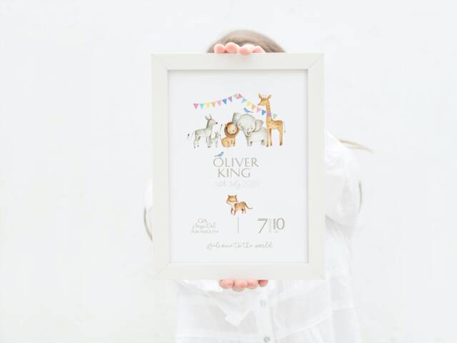 Personalised Safari Animals Print, Including Birth Details, New Baby Gift, Featuring Elephants, Giraffes & Lions, Tigers, Zebras - image 1