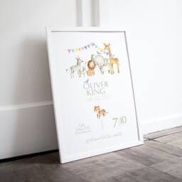 Personalised Safari Animals Print, Including Birth Details, New Baby Gift, Featuring Elephants, Giraffes & Lions, Tigers, Zebras - thumbnail 2