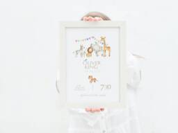 Personalised Safari Animals Print, Including Birth Details, New Baby Gift, Featuring Elephants, Giraffes & Lions, Tigers, Zebras - thumbnail 1