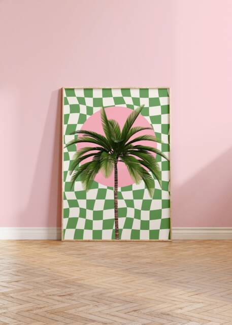 Trendy Palm Tree Print Pink, Green Checkerboard Wall Art - image 1