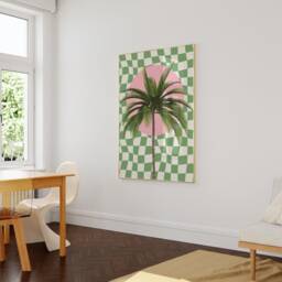 Trendy Palm Tree Print Pink, Green Checkerboard Wall Art - thumbnail 3