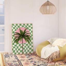 Trendy Palm Tree Print Pink, Green Checkerboard Wall Art - thumbnail 2