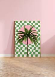 Trendy Palm Tree Print Pink, Green Checkerboard Wall Art - thumbnail 1