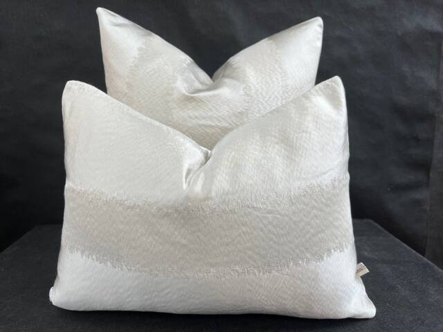 Luxury Designer Taupe Neutral Contemporary Satin Striped Fabric Cushion Pillow Cover - image 1