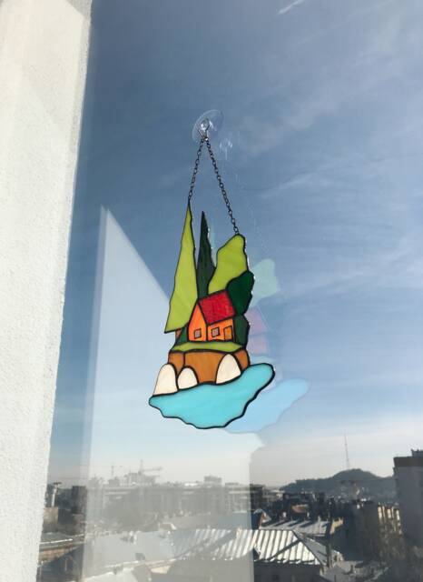 stained Glass Panel Suncatcher Picture Mountains Hill Landscape Home House Decor Window Wall Hanging Cling - image 1