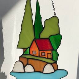 stained Glass Panel Suncatcher Picture Mountains Hill Landscape Home House Decor Window Wall Hanging Cling - thumbnail 4