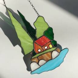 stained Glass Panel Suncatcher Picture Mountains Hill Landscape Home House Decor Window Wall Hanging Cling - thumbnail 2