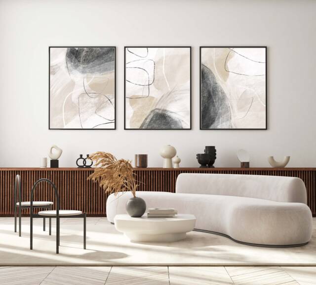 Beige Abstract Art Print Set Modern Home Decor Trio - image 1