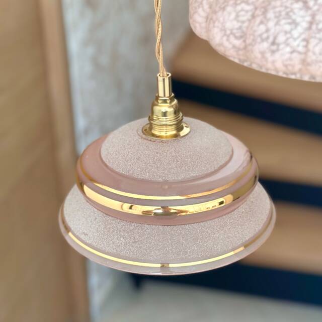 Vintage Art Deco Chandelier Pendant Lampshade in Pink Granite Glass, Transparency & Gilding, Single, Double Or Triple - image 1