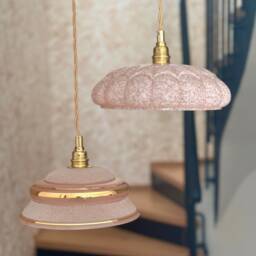Vintage Art Deco Chandelier Pendant Lampshade in Pink Granite Glass, Transparency & Gilding, Single, Double Or Triple - thumbnail 3