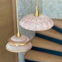 Vintage Art Deco Chandelier Pendant Lampshade in Pink Granite Glass, Transparency & Gilding, Single, Double Or Triple - thumbnail 2