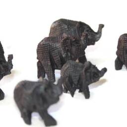 Family Of 12 Mini Elephants. Ebony Wood Carved Decor Ornaments. Dark Brown/Black Handcarved African Art Decor. Safari Gifts Shipping Express - thumbnail 3