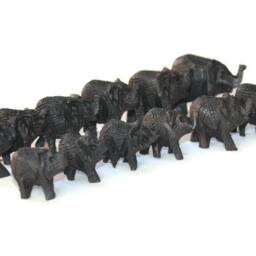 Family Of 12 Mini Elephants. Ebony Wood Carved Decor Ornaments. Dark Brown/Black Handcarved African Art Decor. Safari Gifts Shipping Express - thumbnail 2