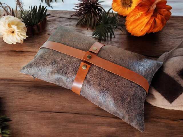 Faux Leather Pillow Cover Zen Brown With Cognac Straps - image 1