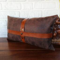Faux Leather Pillow Cover Zen Brown With Cognac Straps - thumbnail 3