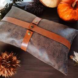 Faux Leather Pillow Cover Zen Brown With Cognac Straps - thumbnail 4