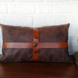 Faux Leather Pillow Cover Zen Brown With Cognac Straps - thumbnail 2