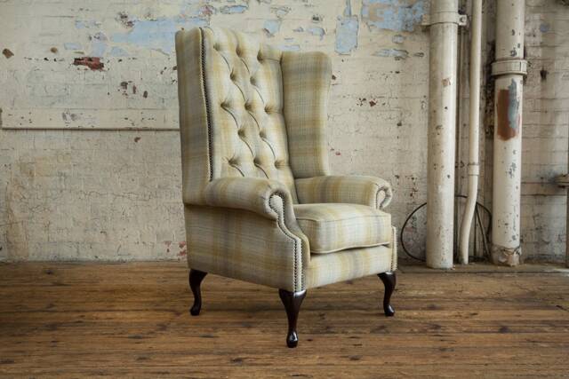 British Handmade Beige Mustard Tartan Wool Chesterfield High Back Wing Chair - image 1