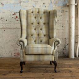 British Handmade Beige Mustard Tartan Wool Chesterfield High Back Wing Chair - thumbnail 2