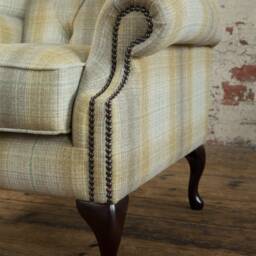 British Handmade Beige Mustard Tartan Wool Chesterfield High Back Wing Chair - thumbnail 3
