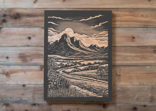 Desert Road Engraved Birch Wood Panel - Southwestern Block Print Wall Art, Rustic Country Ranch Illustration Print, Cabin Home Decor Gift - image 1