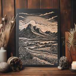 Desert Road Engraved Birch Wood Panel - Southwestern Block Print Wall Art, Rustic Country Ranch Illustration Print, Cabin Home Decor Gift - thumbnail 2