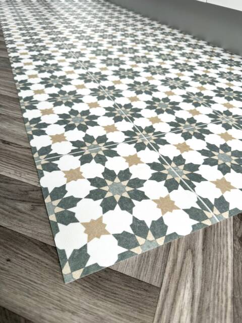 Kitchen Runner Floor Mat in Green & White Geometric Star Tile Pattern, Decorative Moroccan Style Vinyl Rug - image 1