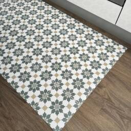 Kitchen Runner Floor Mat in Green & White Geometric Star Tile Pattern, Decorative Moroccan Style Vinyl Rug - thumbnail 4