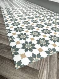 Kitchen Runner Floor Mat in Green & White Geometric Star Tile Pattern, Decorative Moroccan Style Vinyl Rug