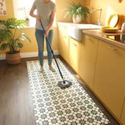 Kitchen Runner Floor Mat in Green & White Geometric Star Tile Pattern, Decorative Moroccan Style Vinyl Rug - thumbnail 3