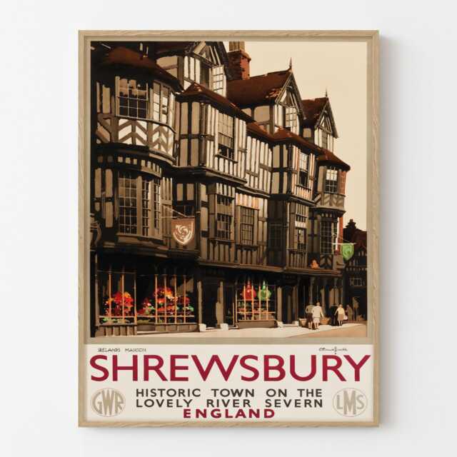 Vintage Shrewsbury England Travel Poster Tudor Architecture River Severn Wall Art Print - image 1