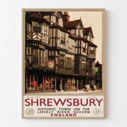 Vintage Shrewsbury England Travel Poster Tudor Architecture River Severn Wall Art Print - thumbnail 1