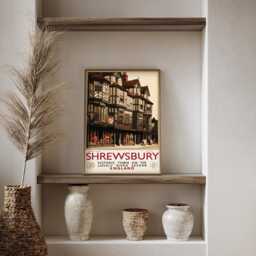 Vintage Shrewsbury England Travel Poster Tudor Architecture River Severn Wall Art Print - thumbnail 3