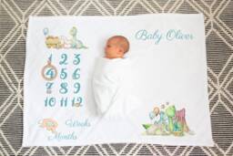 Personalised Dinosaur Milestone Blanket, Custom Nursery Mat, Shower Present