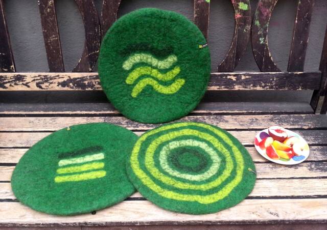 Handfelted Seat Cushion With Coloured Pattern Mix On Emerald Green - image 1