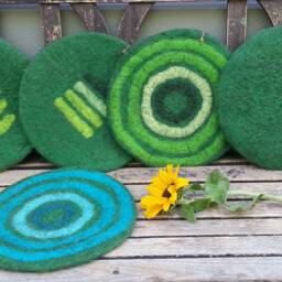 Handfelted Seat Cushion With Coloured Pattern Mix On Emerald Green - thumbnail 2