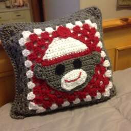 Fans Of The Sock Monkey - Fun Granny Square Pillow 12x12 in Red, Grey & White