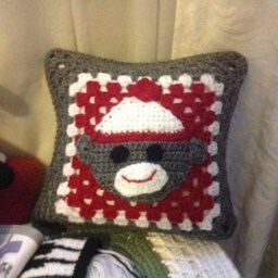 Fans Of The Sock Monkey - Fun Granny Square Pillow 12x12 in Red, Grey & White - thumbnail 3